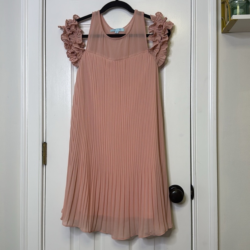 She + Sky 60% Silk Pink Ruffled Cut-Out Mini Dress PTP: 16”-18” - Picture 4 of 10
